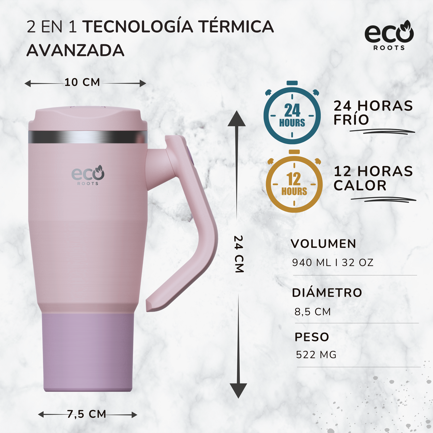 ECOROOTS Rocket I Botella Térmica 940 ml I Asa móvil (Rosa Blush)