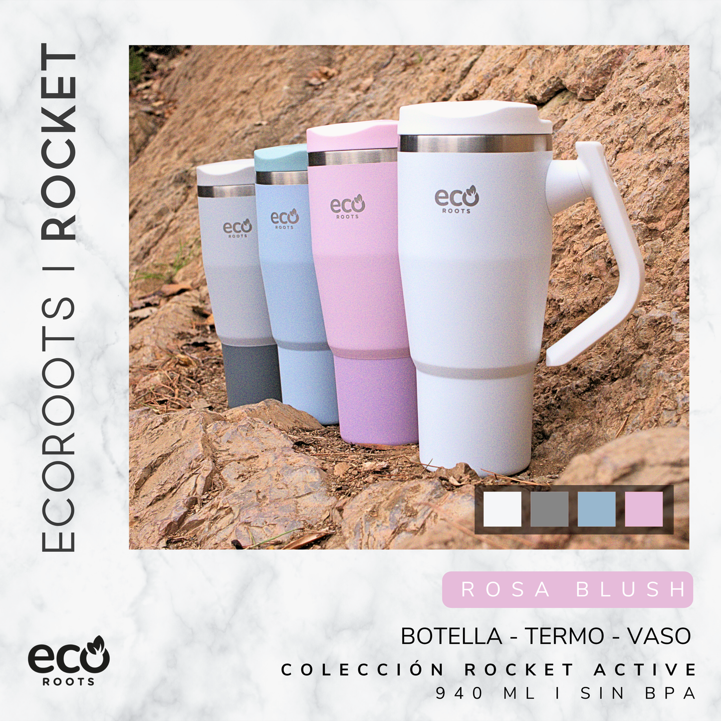 ECOROOTS Rocket I Botella Térmica 940 ml I Asa móvil (Rosa Blush)