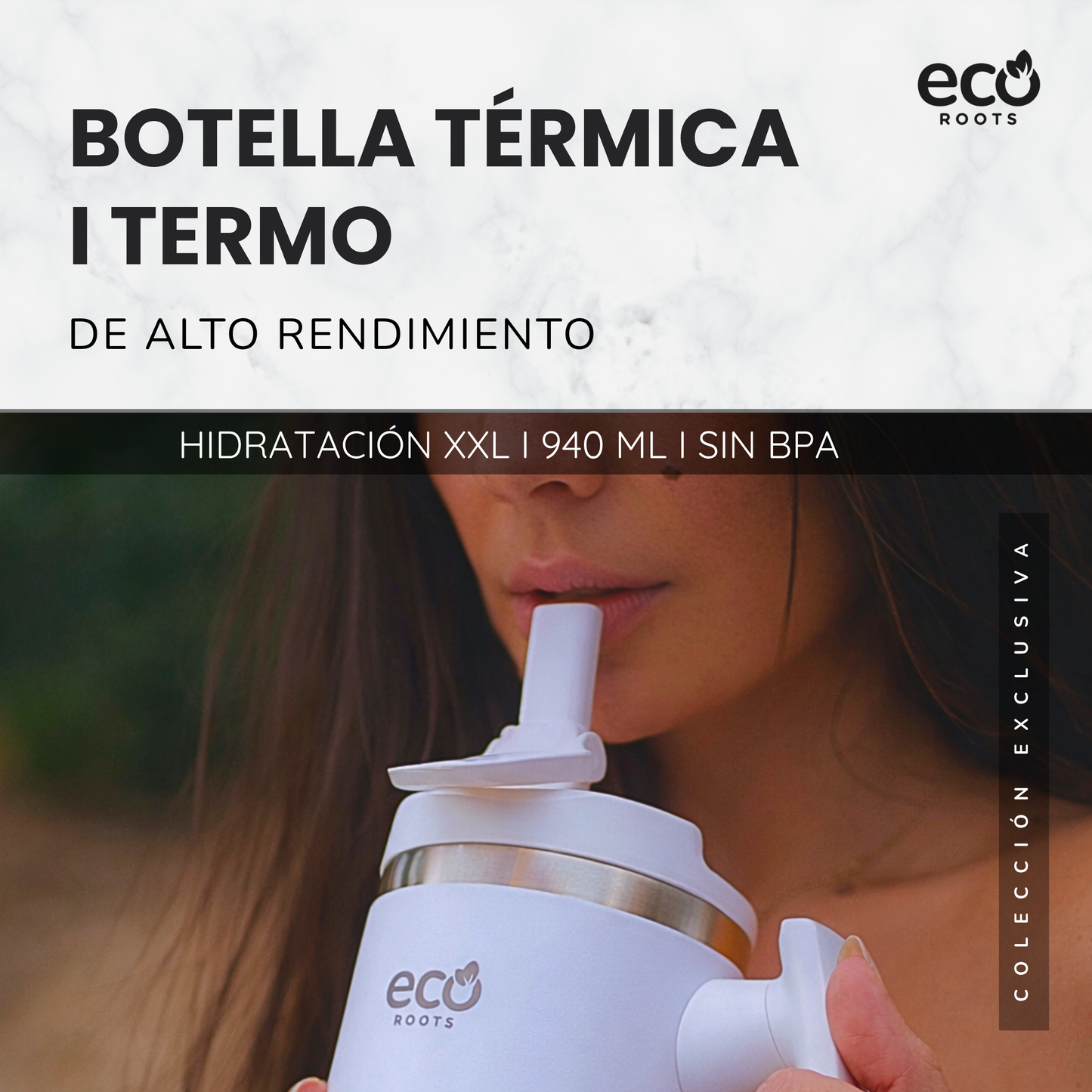 ECOROOTS Rocket I Botella Térmica I Termo 940 ml I Asa Giratoria 180º (Blanco Snow)