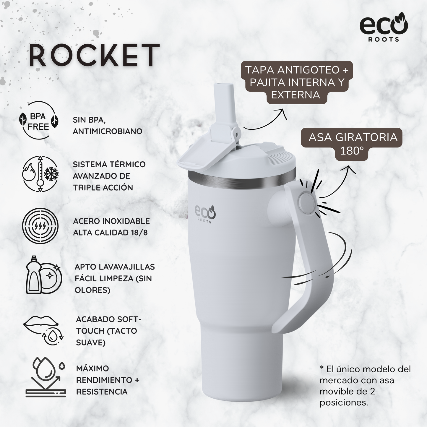 ECOROOTS Rocket I Botella Térmica I Termo 940 ml I Asa Giratoria 180º (Blanco Snow)