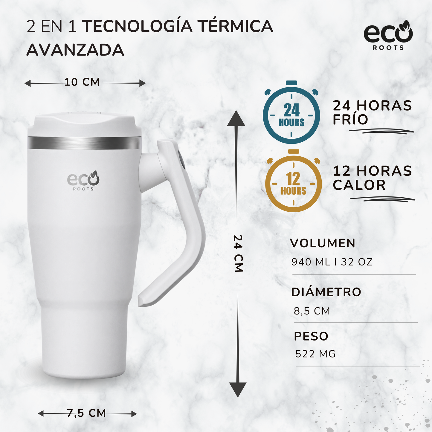ECOROOTS Rocket I Botella Térmica 940 ml I Asa Giratoria 180º (Blanco Snow)