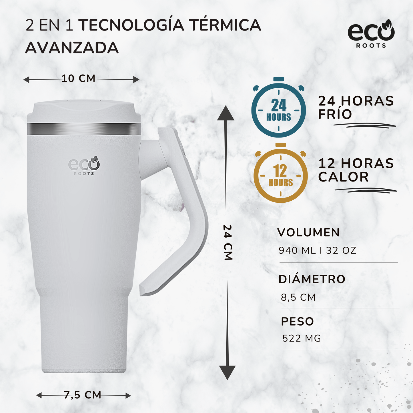 ECOROOTS Rocket I Botella Térmica I Termo 940 ml I Asa Giratoria 180º (Blanco Snow)