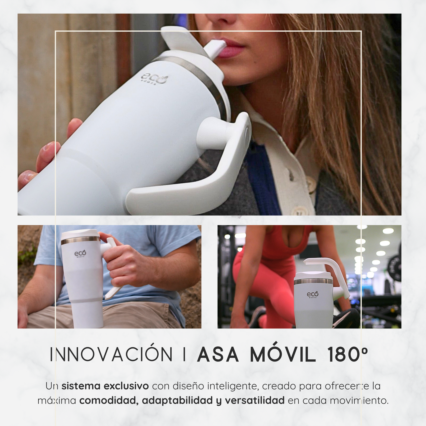 ECOROOTS Rocket I Botella Térmica I Termo 940 ml I Asa Giratoria 180º (Blanco Snow)