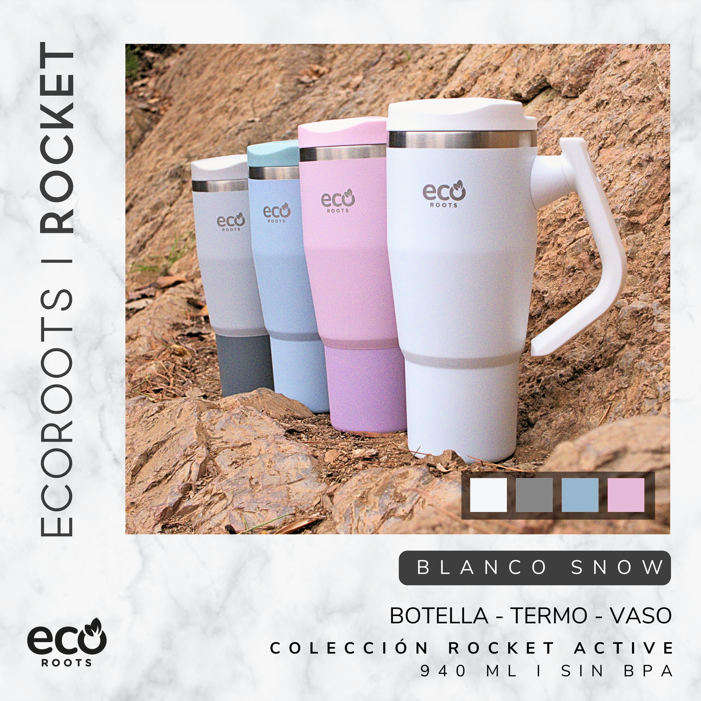 ECOROOTS Rocket I Botella Térmica I Termo 940 ml I Asa Giratoria 180º (Blanco Snow)