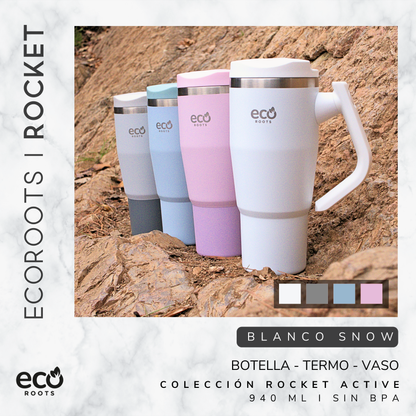 ECOROOTS Rocket I Botella Térmica I Termo 940 ml I Asa Giratoria 180º (Blanco Snow)