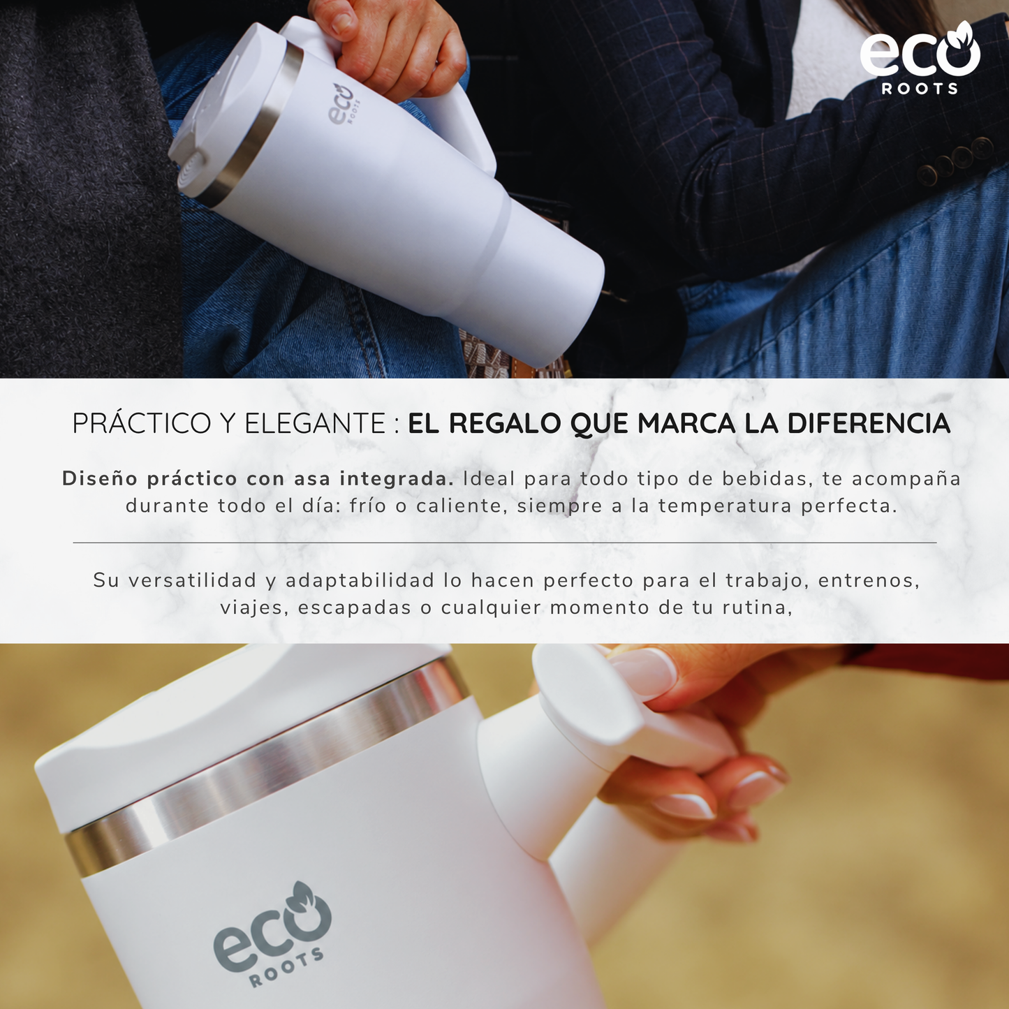 ECOROOTS Rocket I Botella Térmica 940 ml I Asa Giratoria 180º (Blanco Snow)