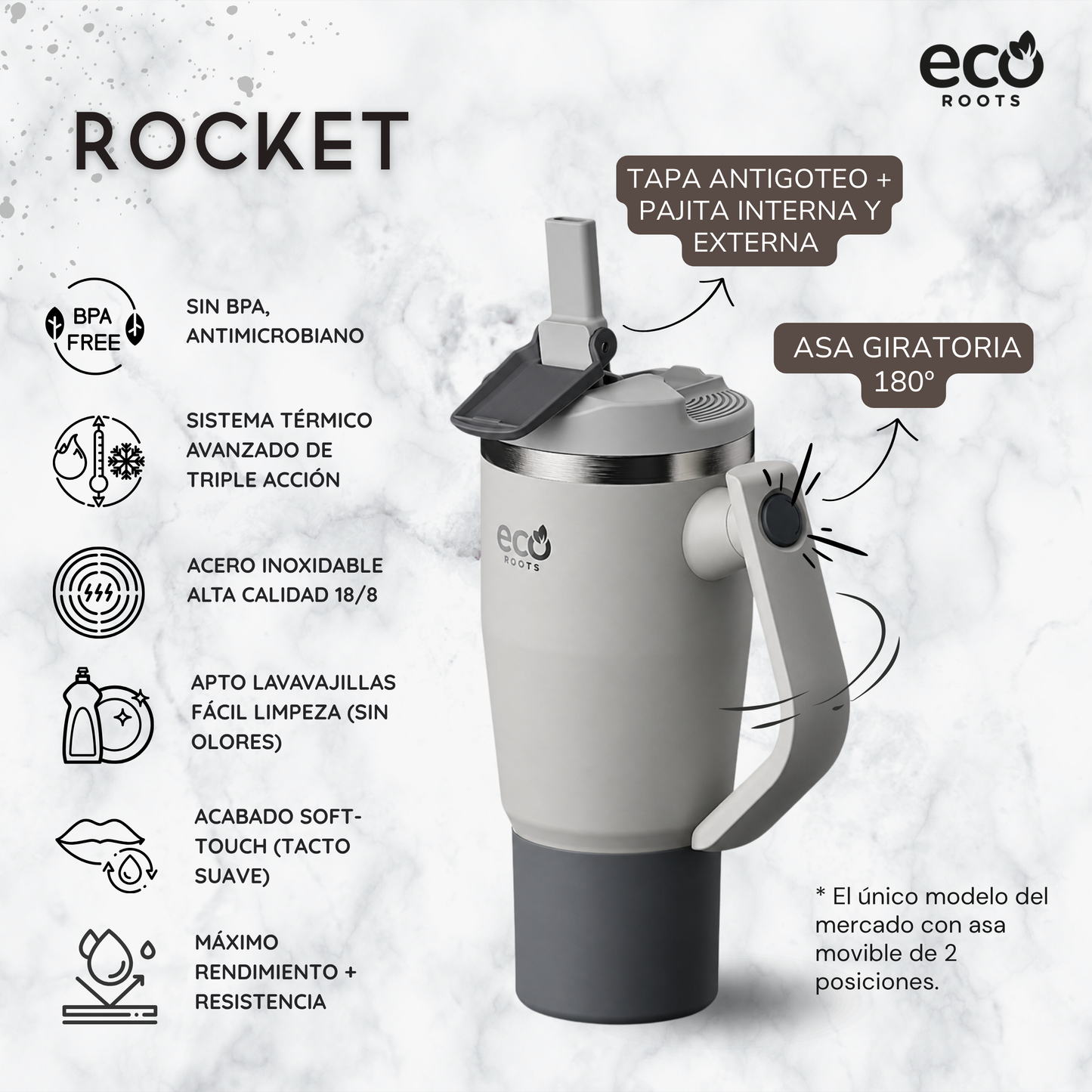 ECOROOTS Rocket I Botella Térmica I Termo 940 ml I Asa Giratoria 180º (Gris Nasa)