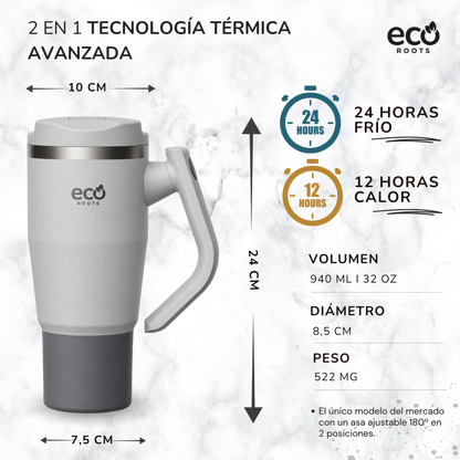 ECOROOTS Rocket I Botella Térmica I Termo 940 ml I Asa Giratoria 180º (Gris Nasa)