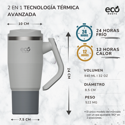 ECOROOTS Rocket I Botella Térmica I Termo 940 ml I Asa Giratoria 180º (Gris Nasa)
