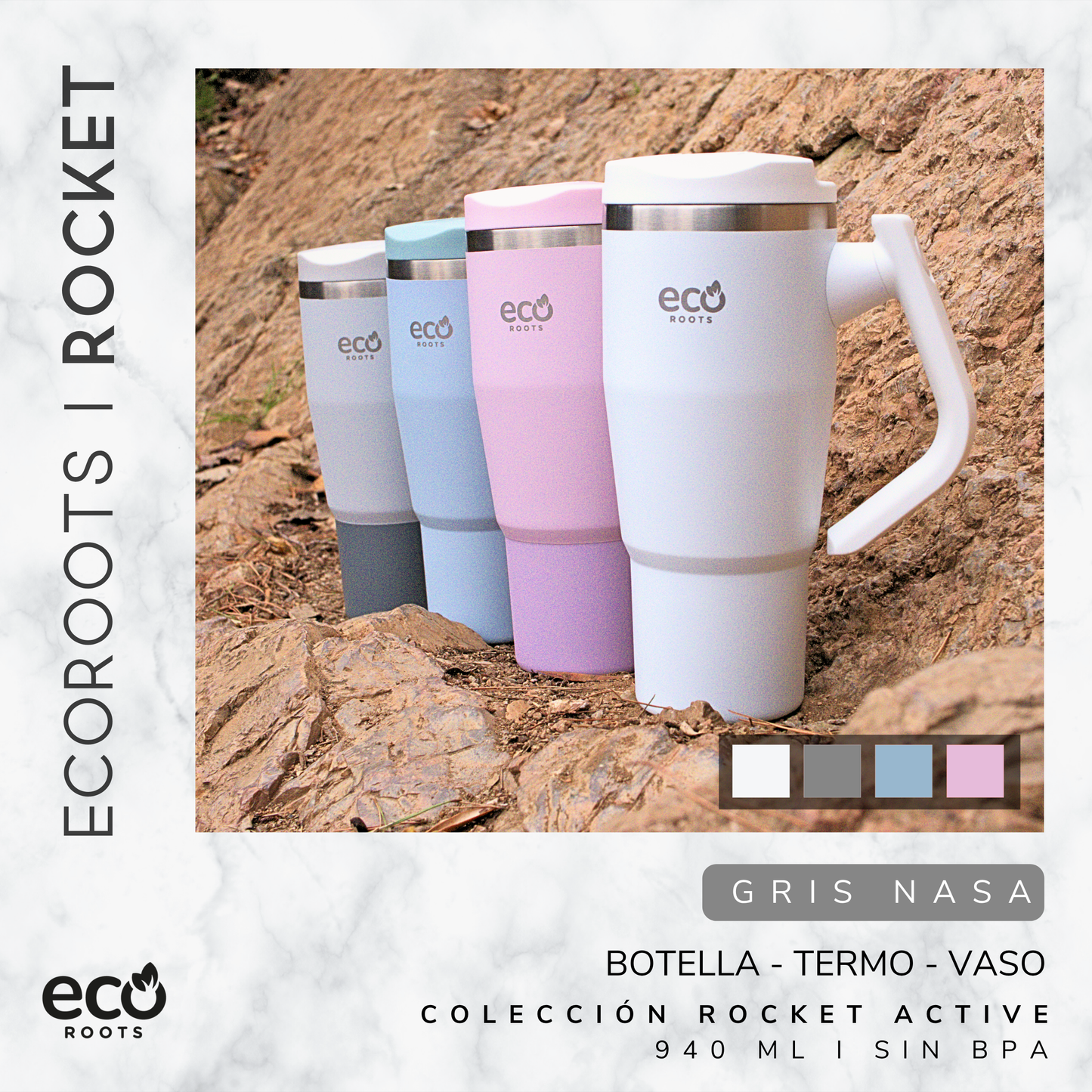 ECOROOTS Rocket I Botella Térmica I Termo 940 ml I Asa Giratoria 180º (Gris Nasa)