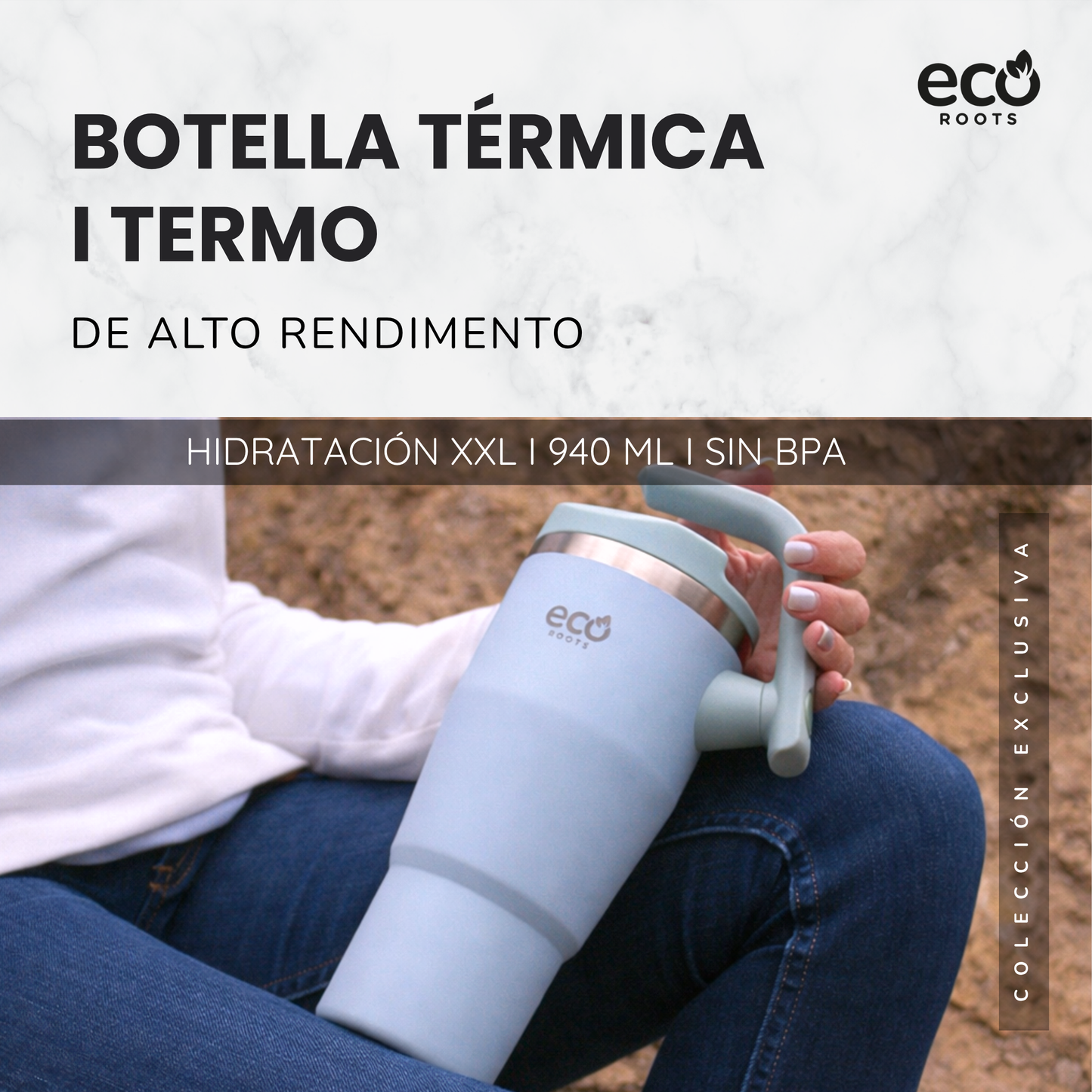 ECOROOTS Rocket I Botella Térmica I Termo 940 ml I Asa Giratoria 180º (Azul Aqua)