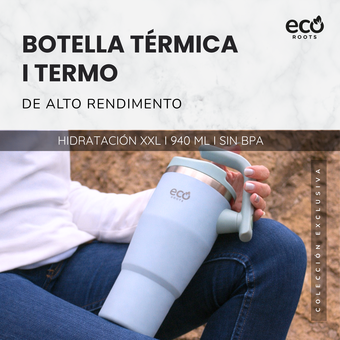ECOROOTS Rocket I Botella Térmica I Termo 940 ml I Asa Giratoria 180º (Azul Aqua)