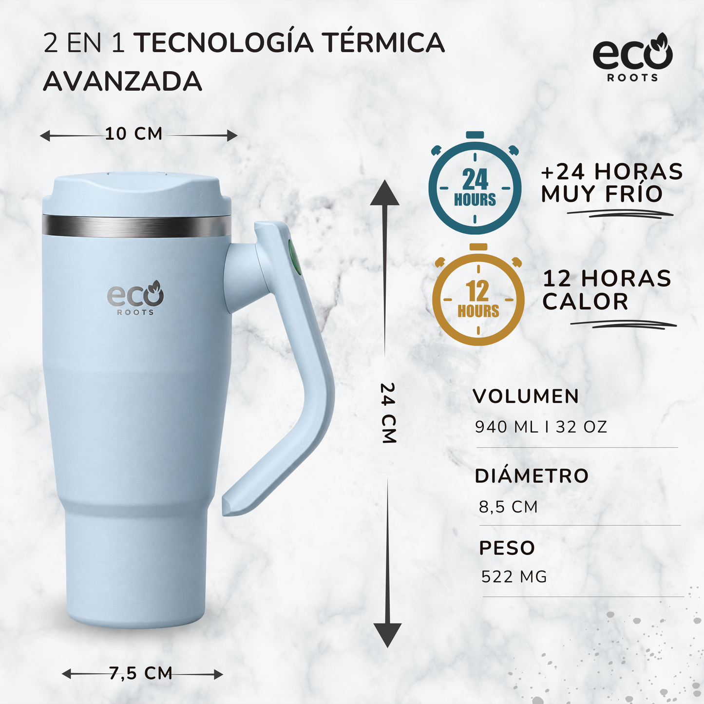 ECOROOTS Rocket I Botella Térmica I Termo 940 ml I Asa Giratoria 180º (Azul Aqua)
