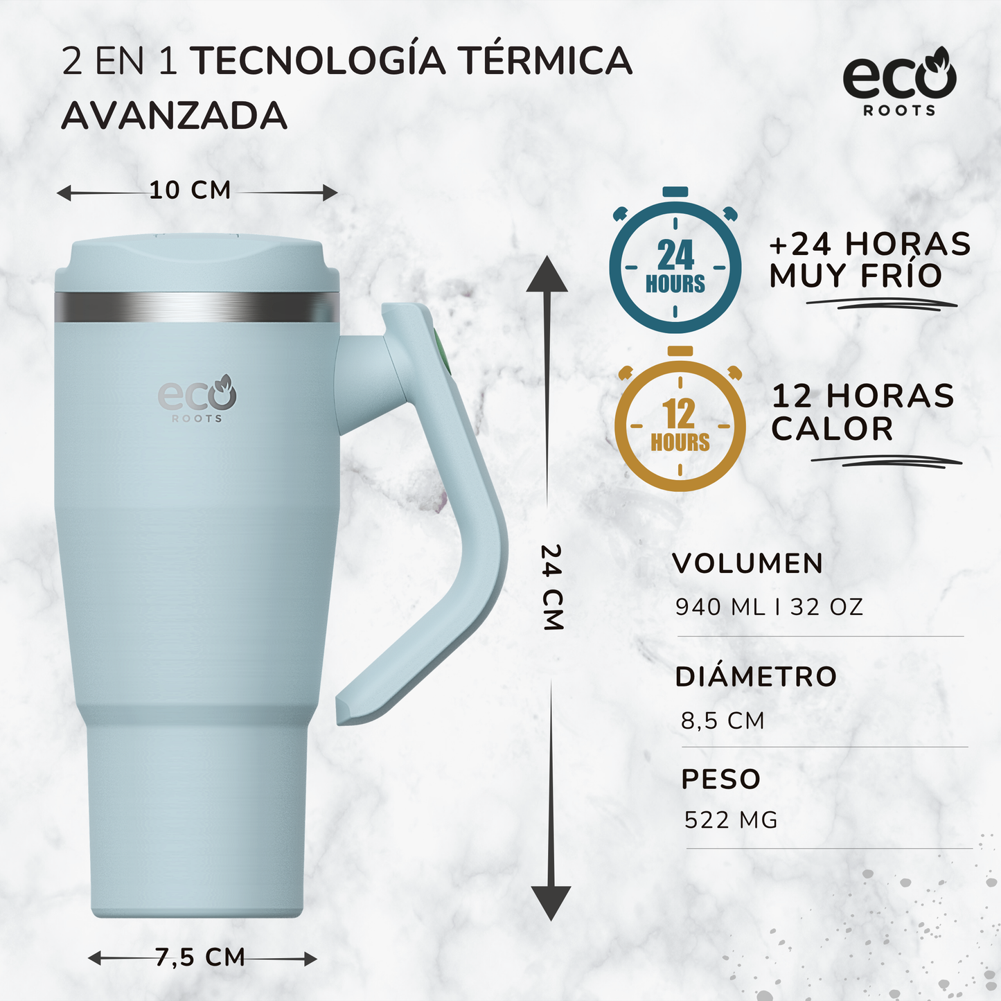 ECOROOTS Rocket I Botella Térmica I Termo 940 ml I Asa Giratoria 180º (Azul Aqua)