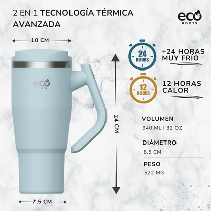 ECOROOTS Rocket I Botella Térmica I Termo 940 ml I Asa Giratoria 180º (Azul Aqua)