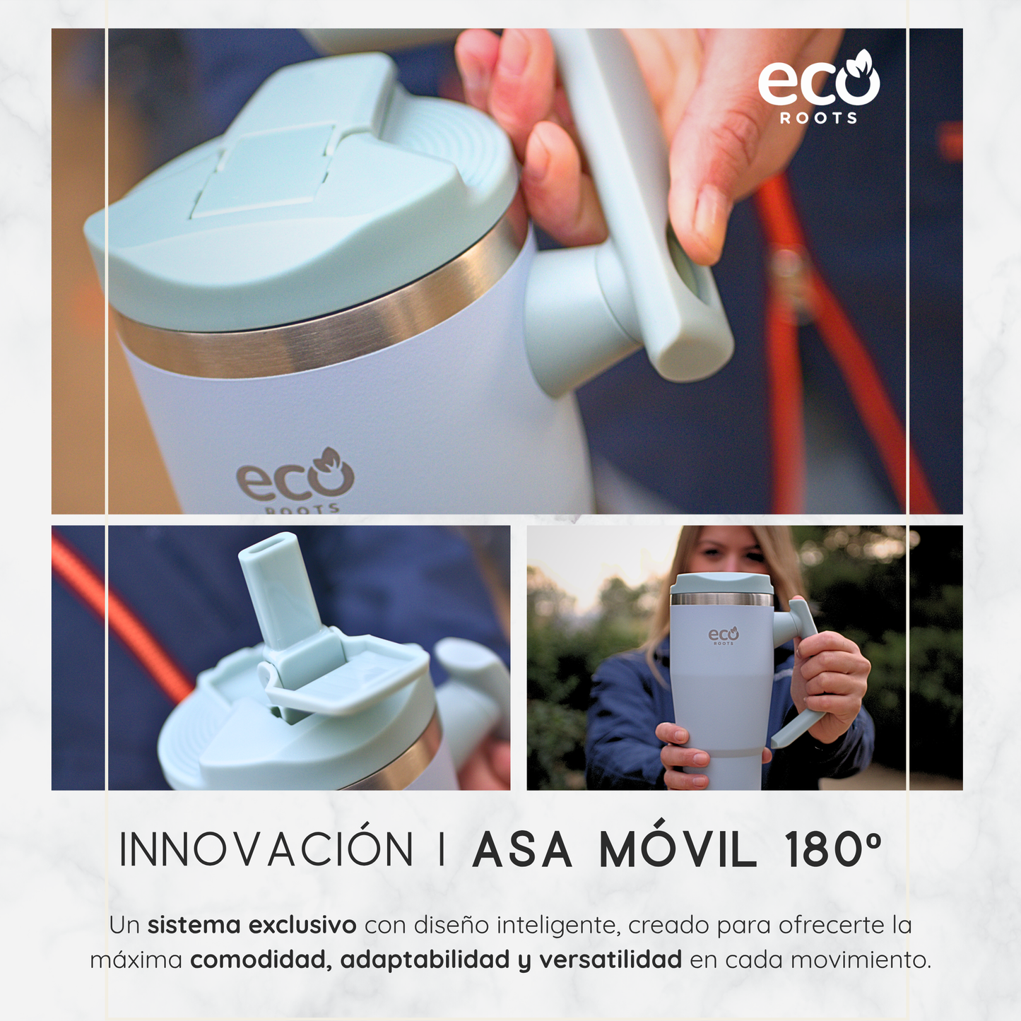 ECOROOTS Rocket I Botella Térmica I Termo 940 ml I Asa Giratoria 180º (Azul Aqua)