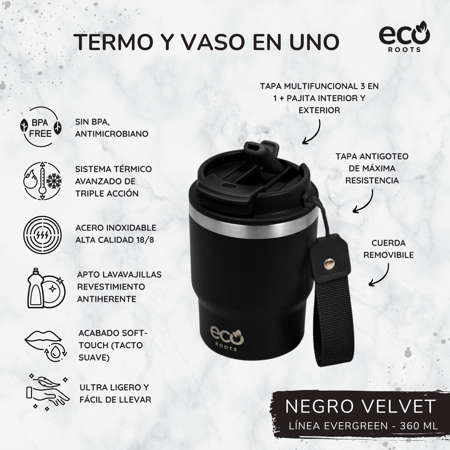 ECOROOTS Evergreen I Termo 360 º I Vaso térmico (Negro Velvet) I EDICIÓN LIMITADA