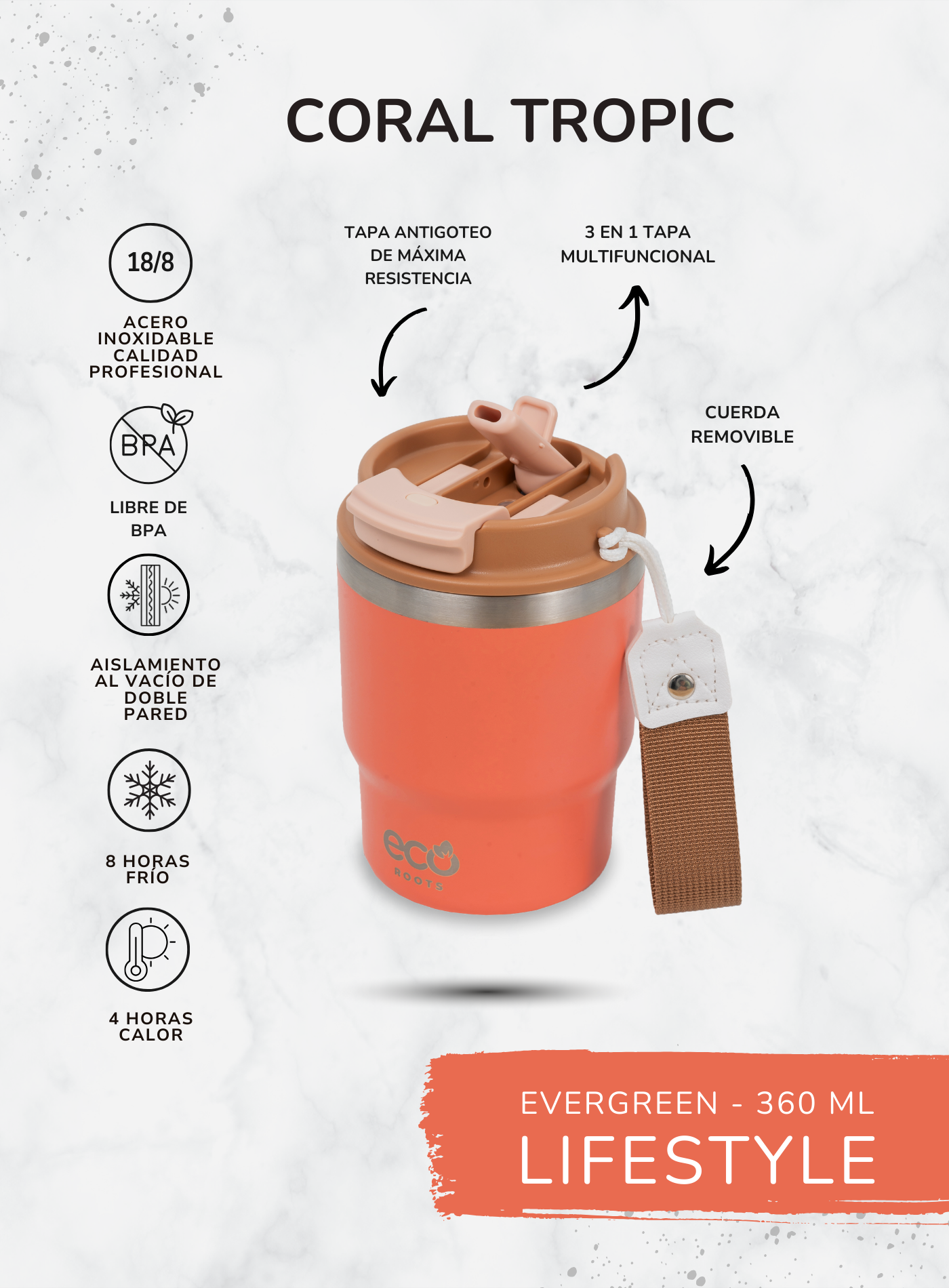 ECOROOTS I Evergreen Lifestyle I Termo I Vaso térmico I Coral Tropic I 360 ml