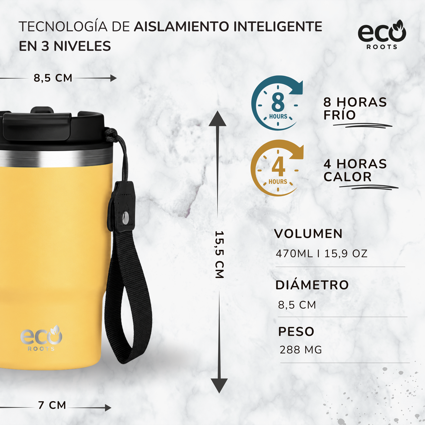 ECOROOTS Thunder I Termo y vaso térmico 470 ml (Amarilla Piña)