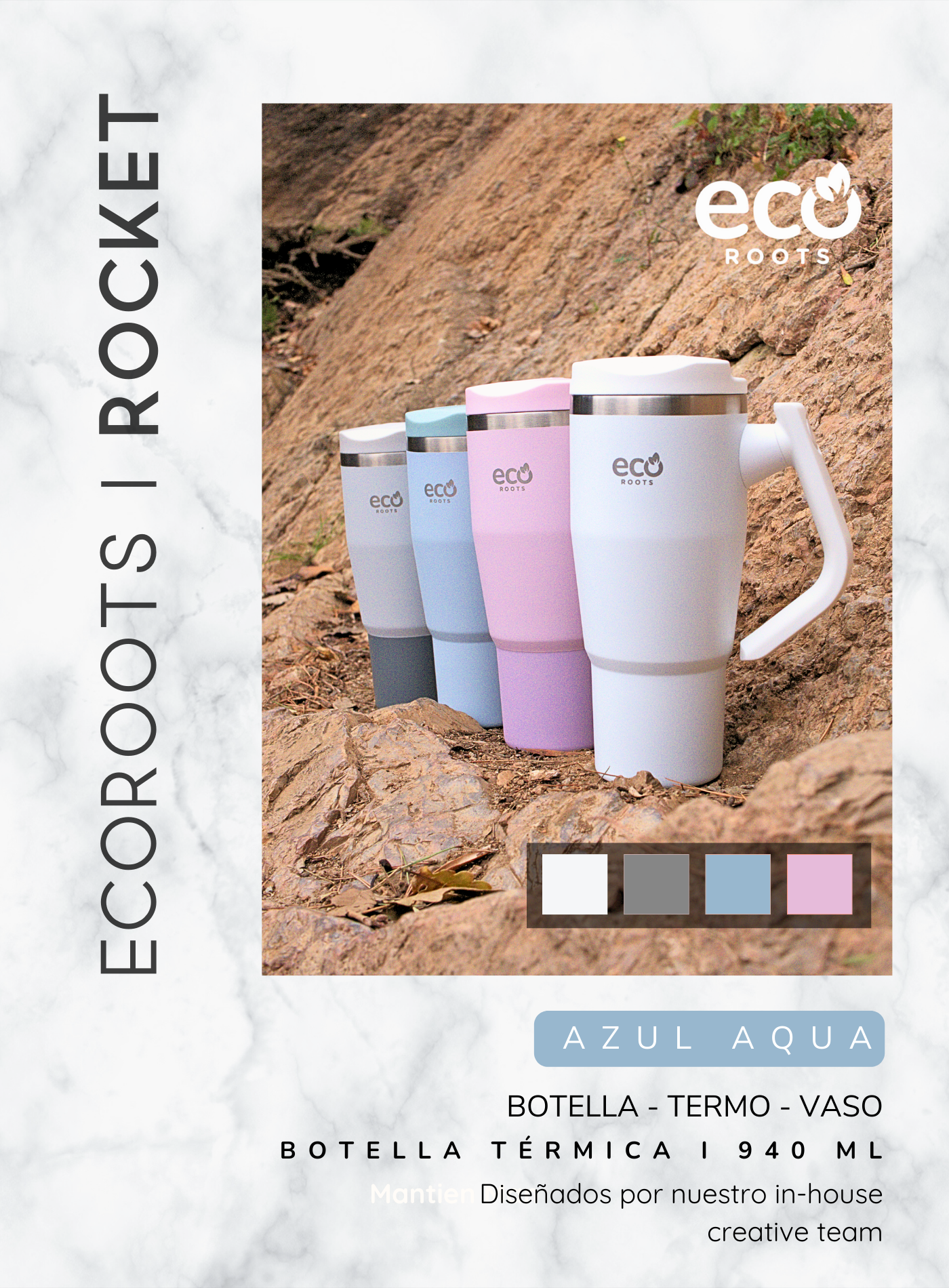 ECOROOTS I Rocket Active I Botella Térmica I Termo I Asa móvil I Azul Aqua I 940 ml