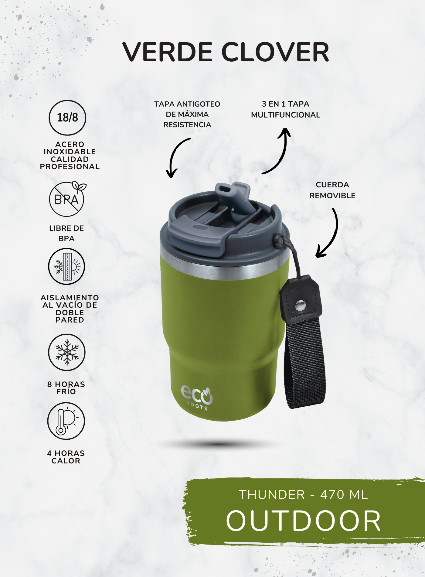 ECOROOTS I Thunder Outdoor I Termo I Vaso térmico I Verde Clover I 470 ml  🛒 (PRÓXIMAMENTE)