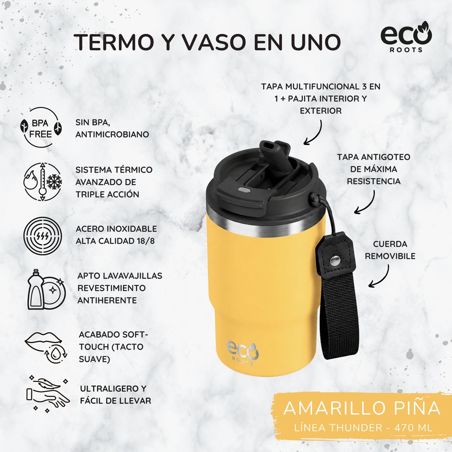 ECOROOTS Thunder I Termo y vaso térmico 470 ml (Amarilla Piña)