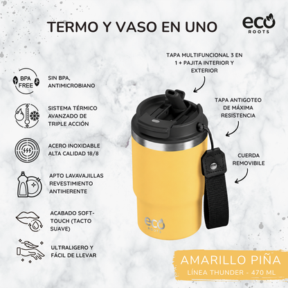 ECOROOTS Thunder I Termo y vaso térmico 470 ml (Amarilla Piña)