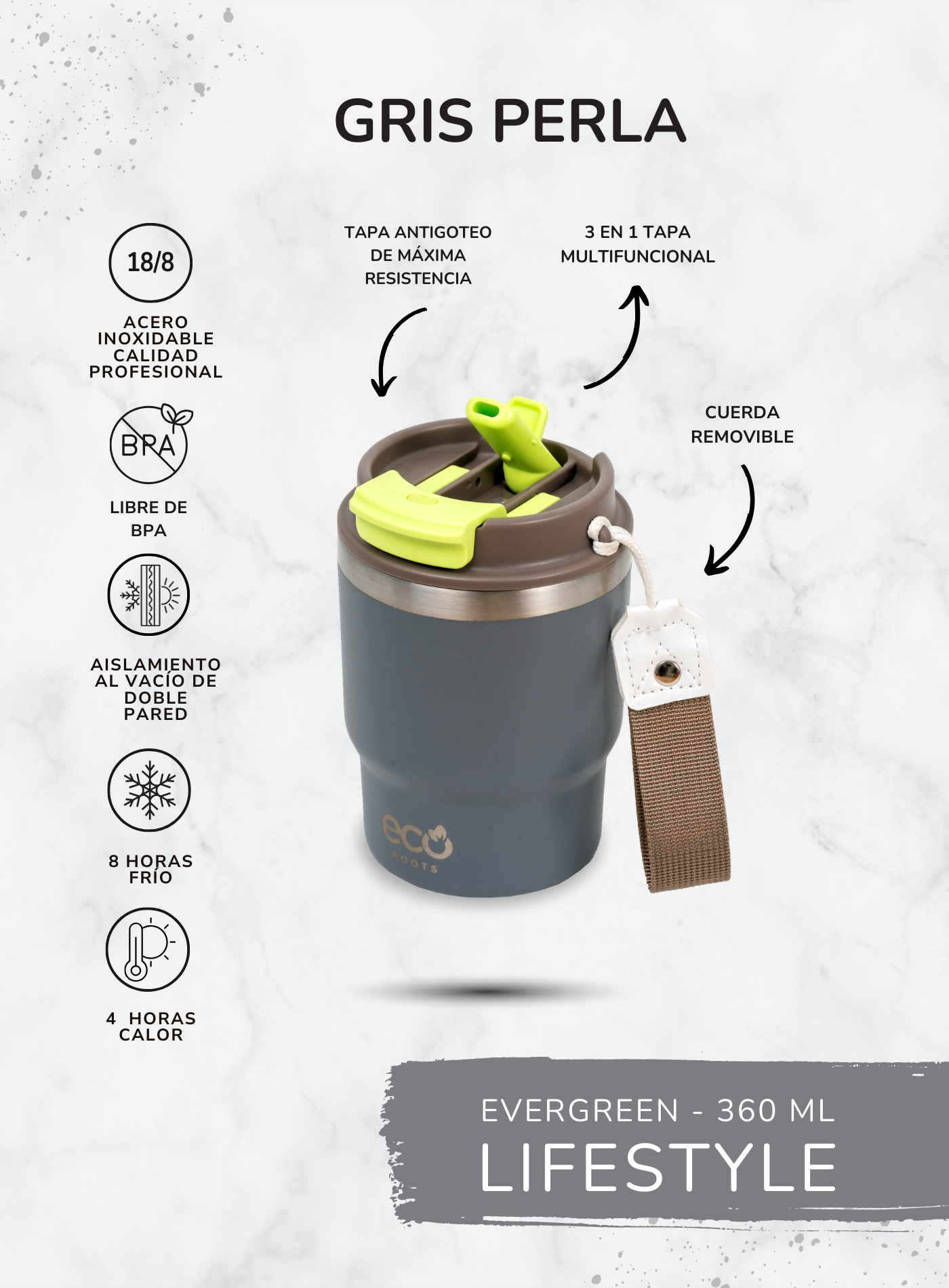 ECOROOTS I Evergreen Lifestyle I Termo I Vaso térmico I Gris Perla I 360 ml