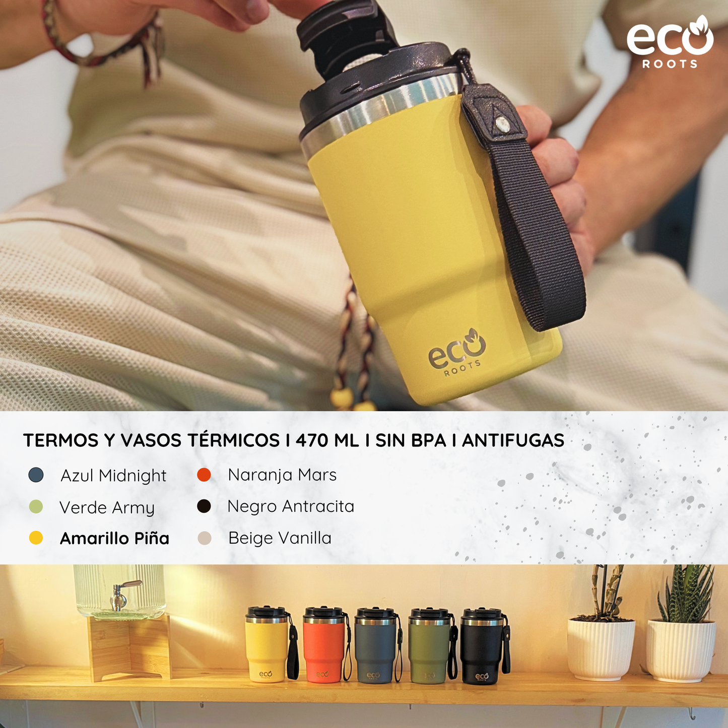ECOROOTS Thunder I Termo y vaso térmico 470 ml (Amarilla Piña)