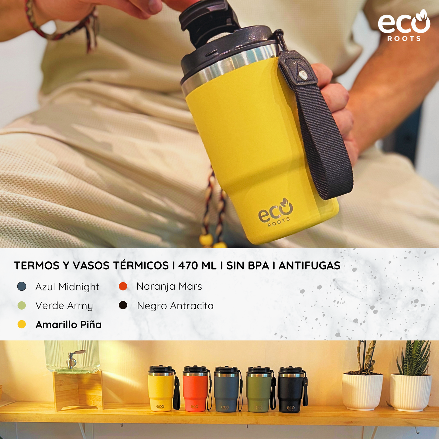 ECOROOTS Thunder I Termo y vaso térmico 470 ml (Amarilla Piña)