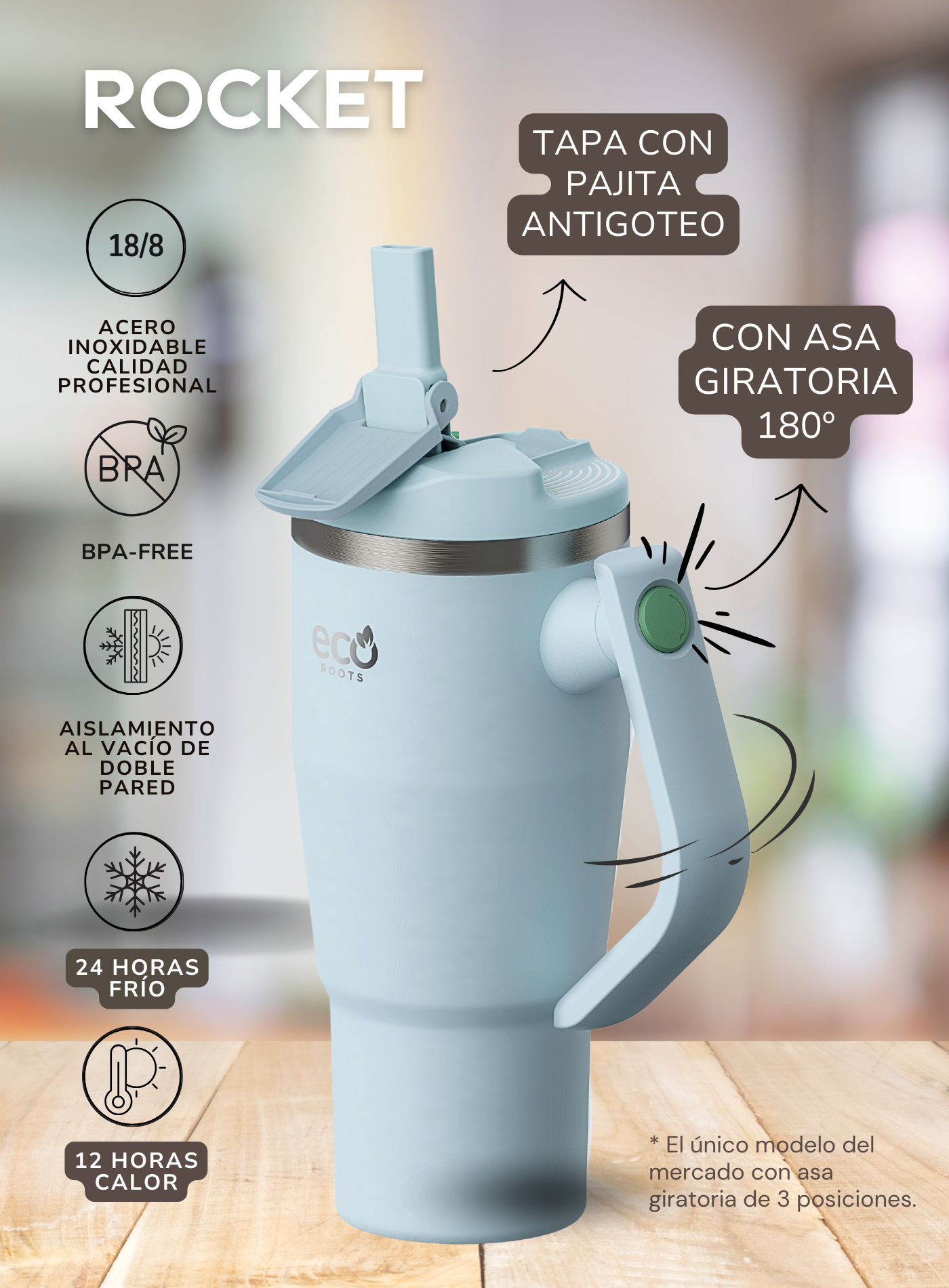ECOROOTS I Rocket Active I Botella Térmica I Termo I Asa móvil I Azul Aqua I 940 ml