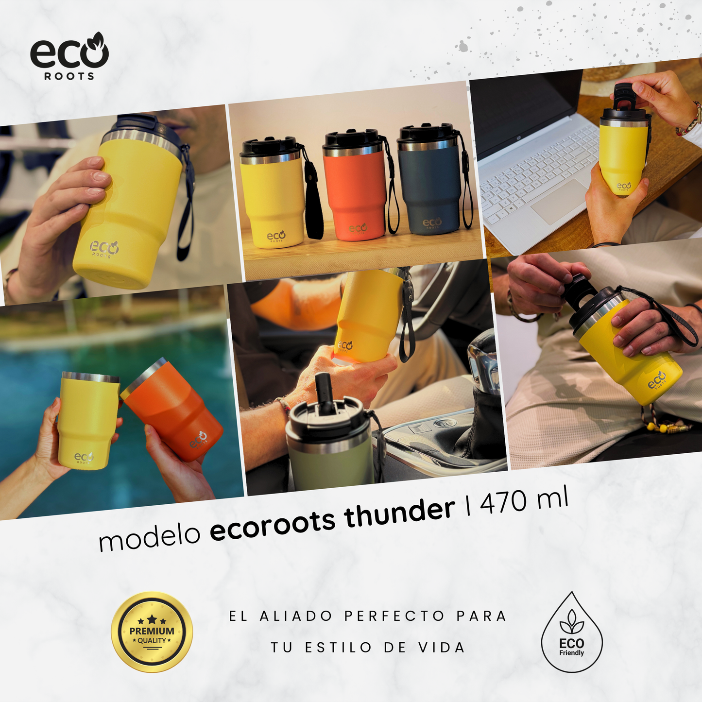 ECOROOTS Thunder I Termo y vaso térmico 470 ml (Amarilla Piña)