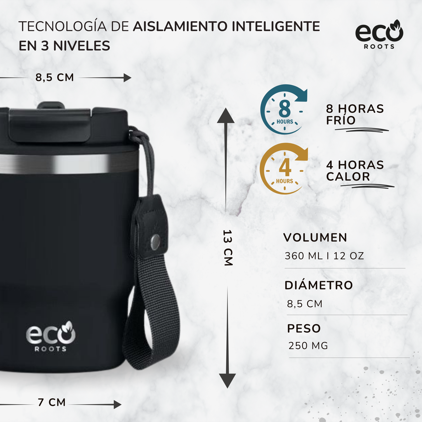 ECOROOTS Evergreen I Termo 360 º I Vaso térmico (Negro Velvet) I EDICIÓN LIMITADA