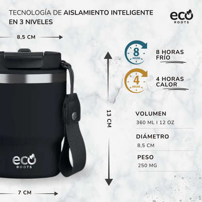 ECOROOTS Evergreen I Termo y vaso térmico 360 ml (Negro Velvet) · Edición limitada