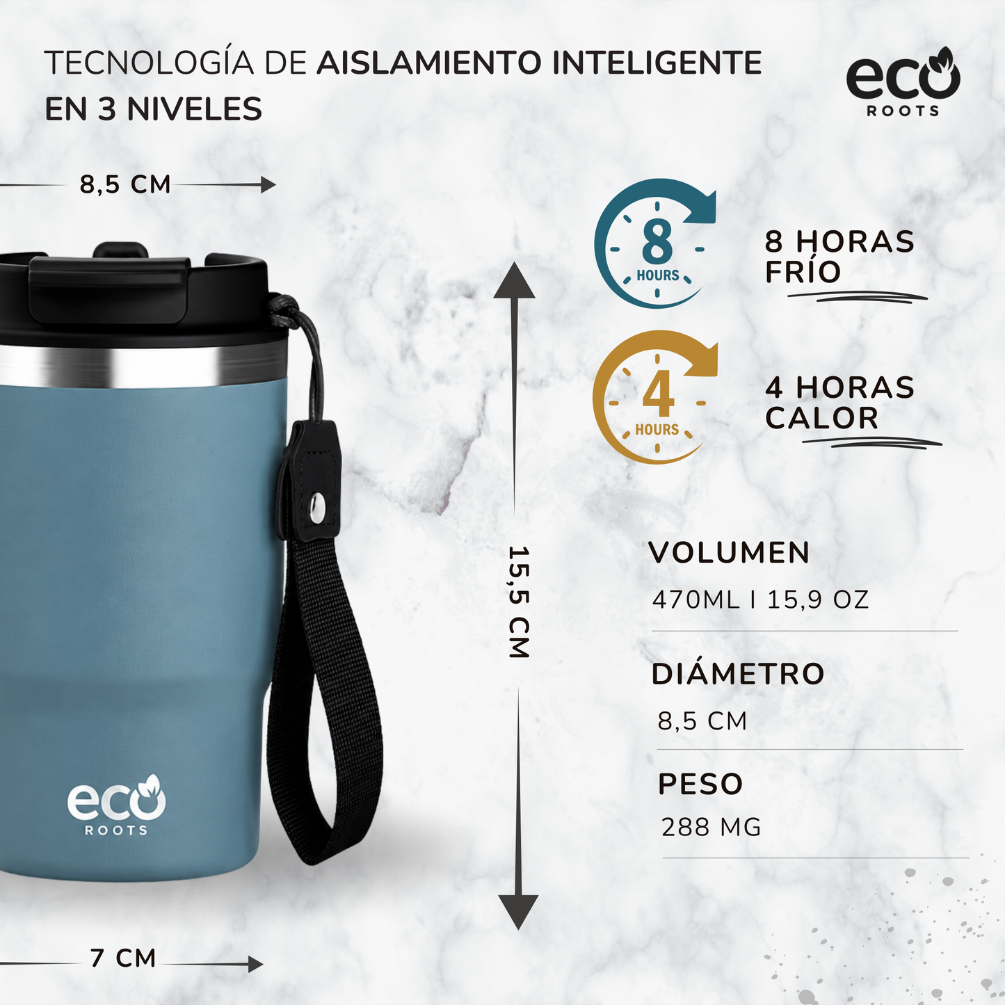 ECOROOTS Thunder I Termo y vaso térmico 470 ml (Azul Midnight)