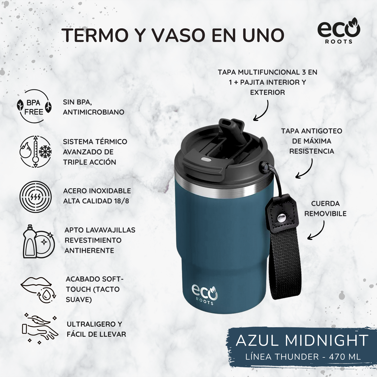 ECOROOTS Thunder I Termo y vaso térmico 470 ml (Azul Midnight)