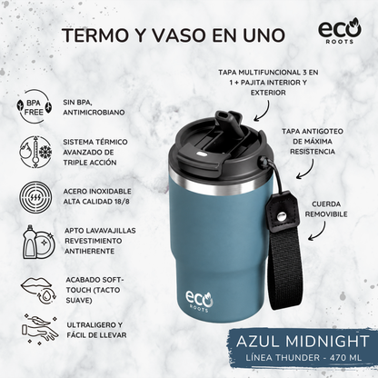 ECOROOTS Thunder I Termo y vaso térmico 470 ml (Azul Midnight)