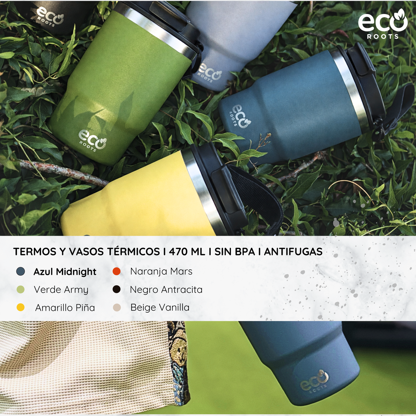 ECOROOTS Thunder I Termo y vaso térmico 470 ml (Azul Midnight)
