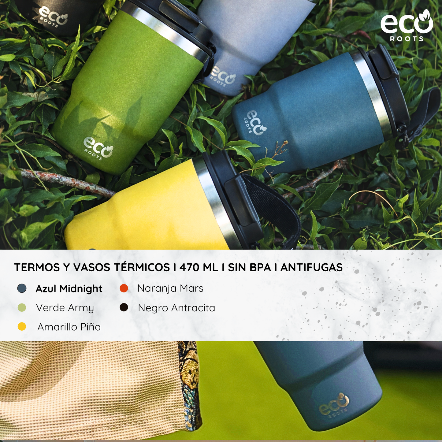 ECOROOTS Thunder I Termo y vaso térmico 470 ml (Azul Midnight)