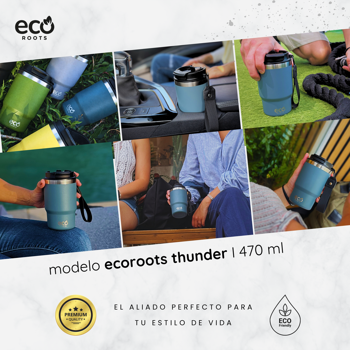 ECOROOTS Thunder I Termo y vaso térmico 470 ml (Azul Midnight)