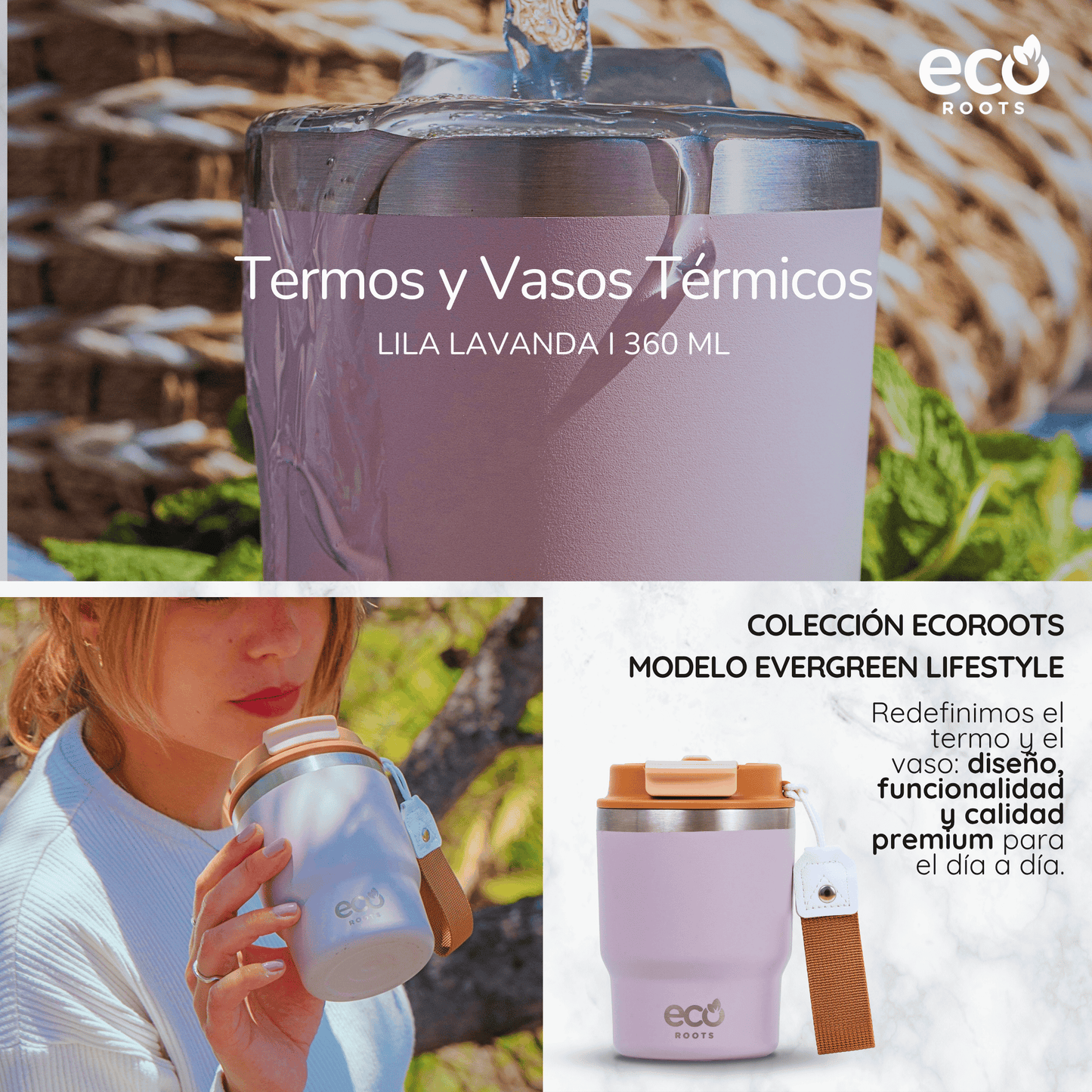 ECOROOTS Evergreen I Termo y vaso térmico 360 ml (Lila Lavanda)