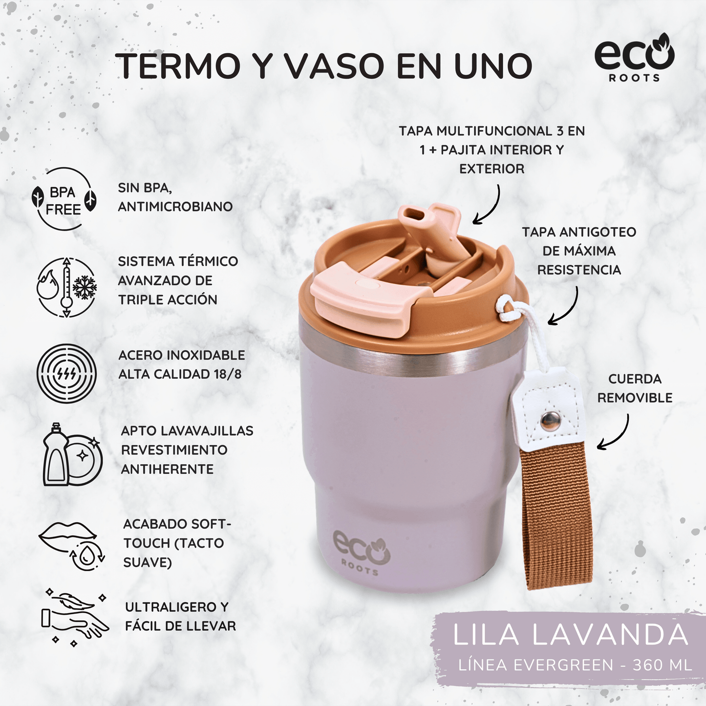 ECOROOTS Evergreen I Termo y vaso térmico 360 ml (Lila Lavanda)