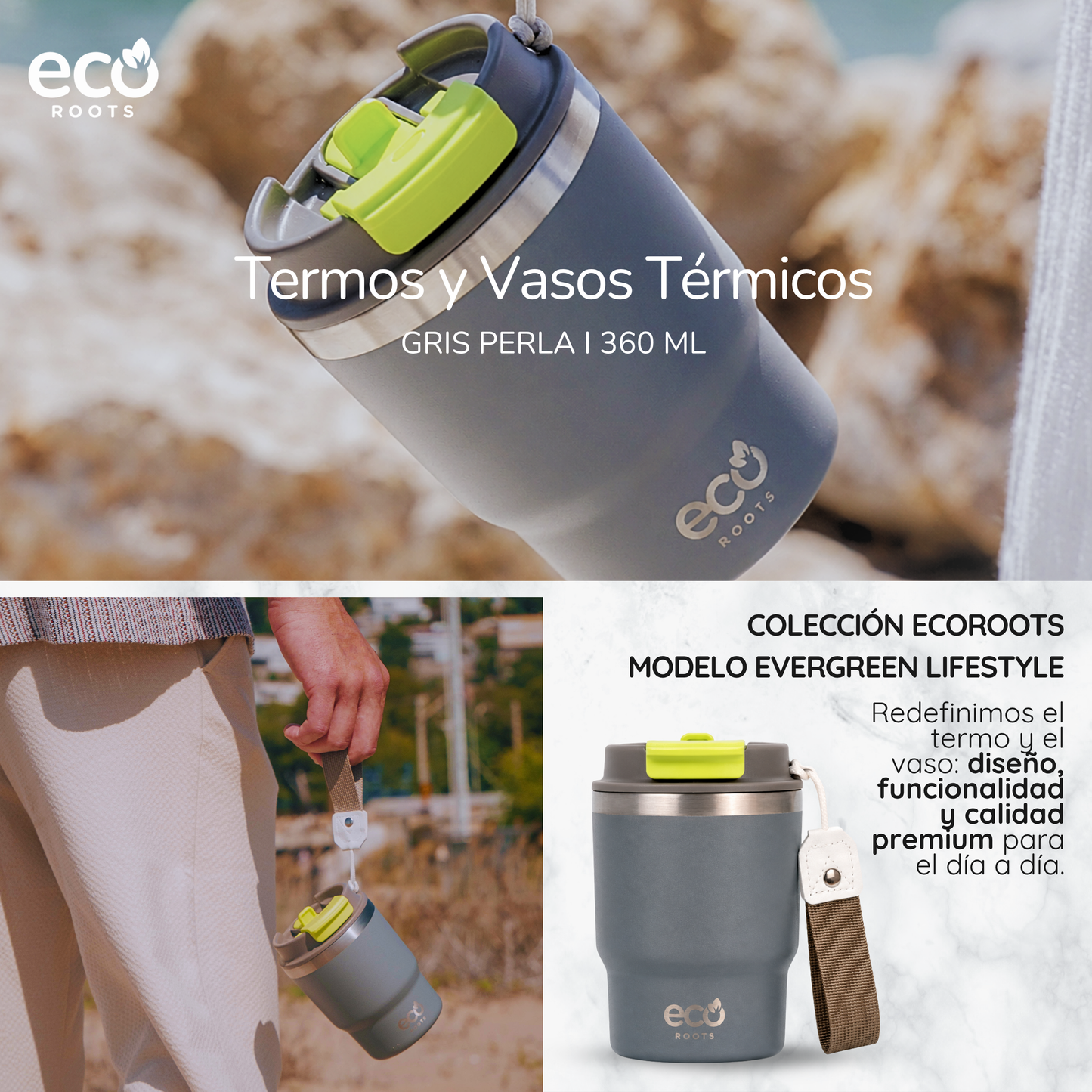 ECOROOTS Evergreen I Termo y vaso térmico 360 ml (Gris Perla)