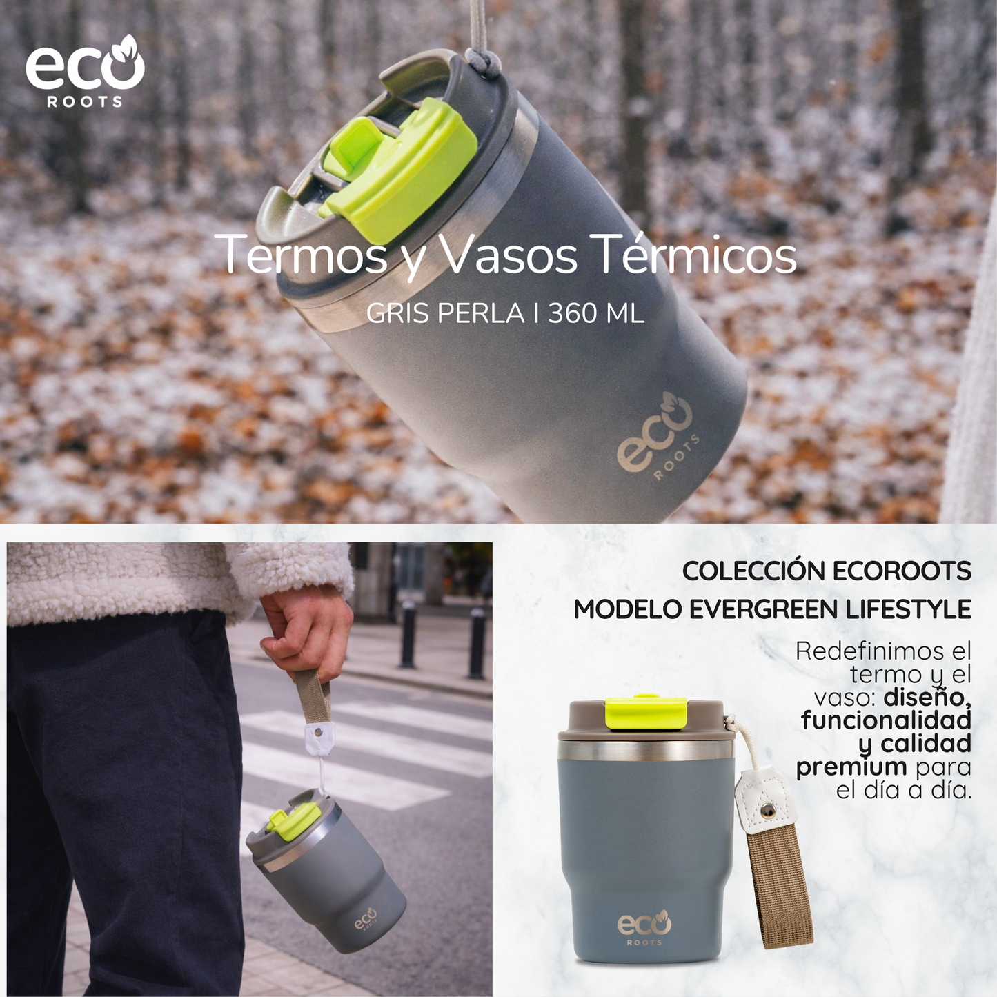 ECOROOTS Evergreen I Termo 360 º I Vaso térmico (Gris Perla)