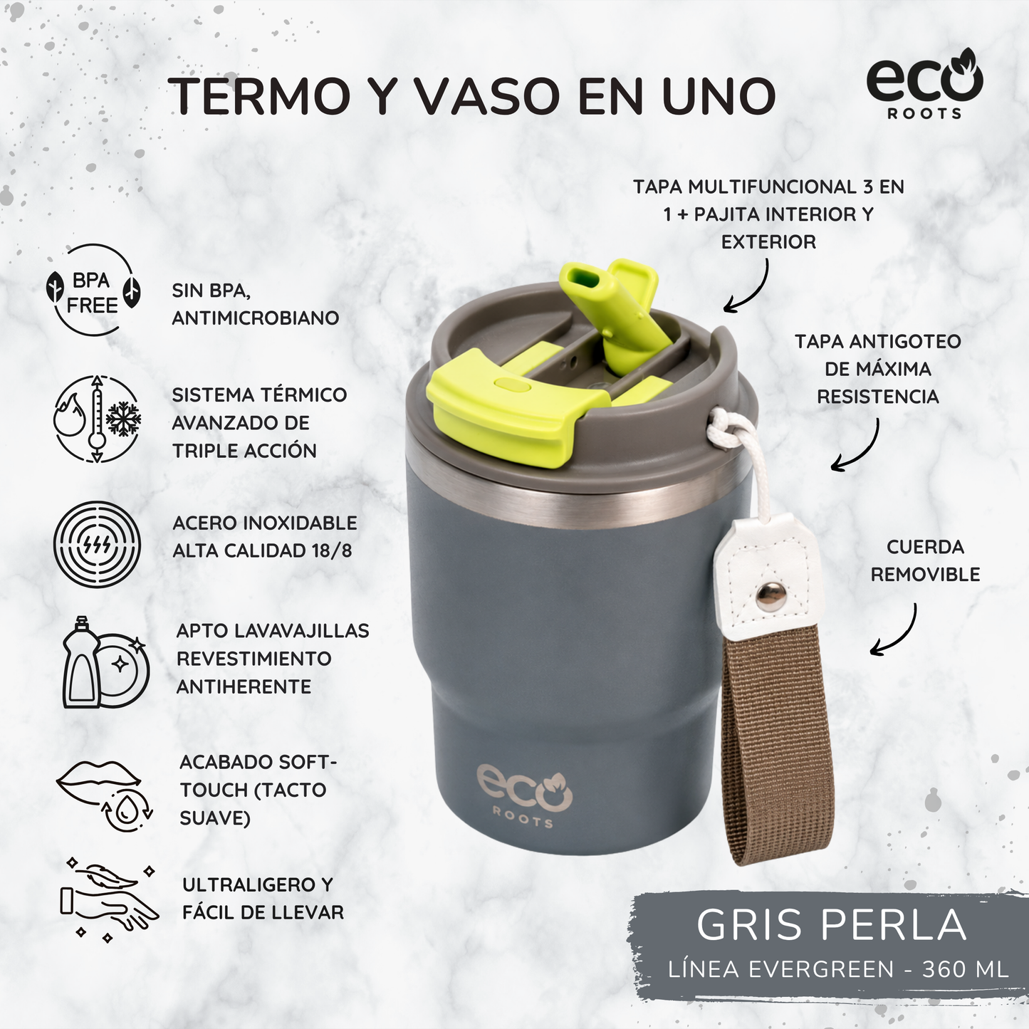 ECOROOTS Evergreen I Termo y vaso térmico 360 ml (Gris Perla)