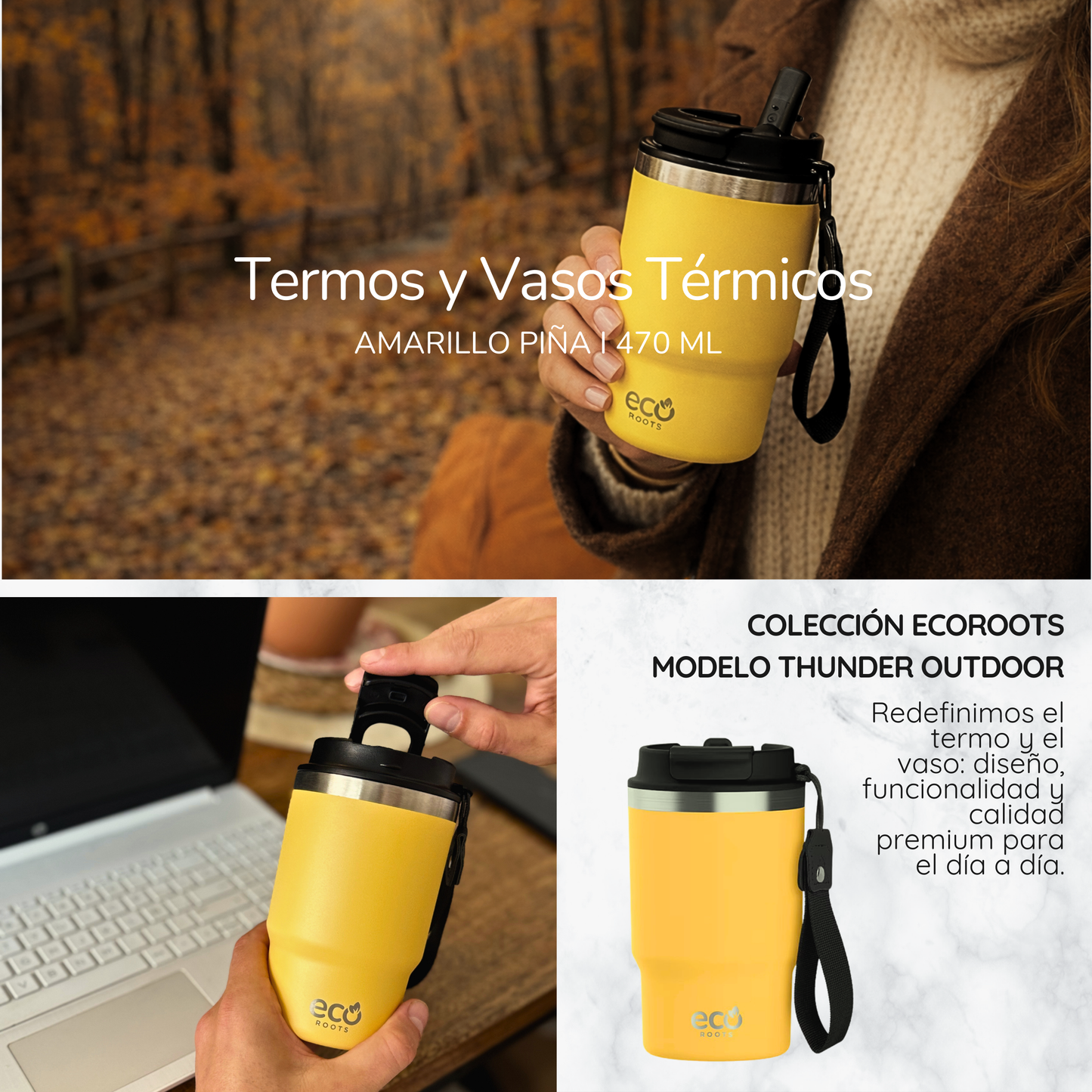 ECOROOTS Thunder I Termo 470 ml I Vaso térmico (Amarilla Piña)