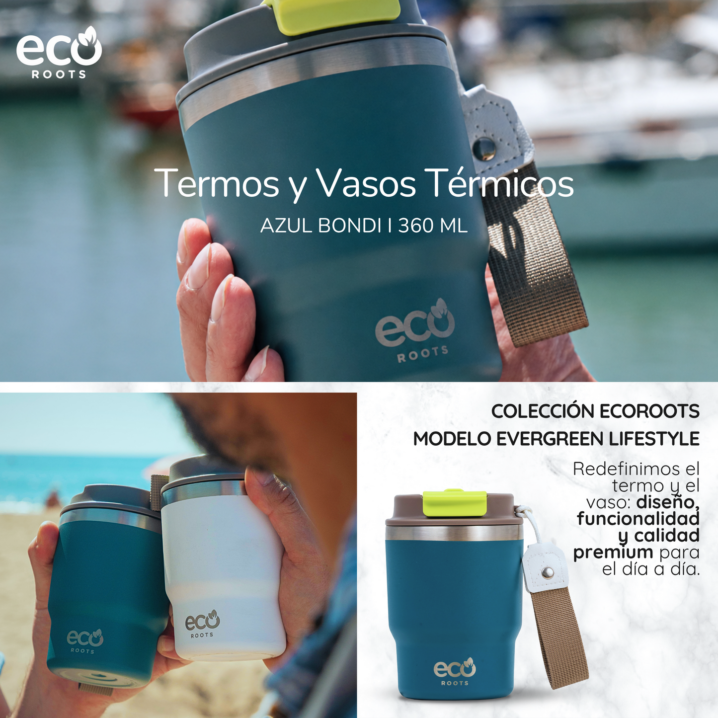ECOROOTS Evergreen I Termo y vaso térmico 470 ml (Azul Bondi)