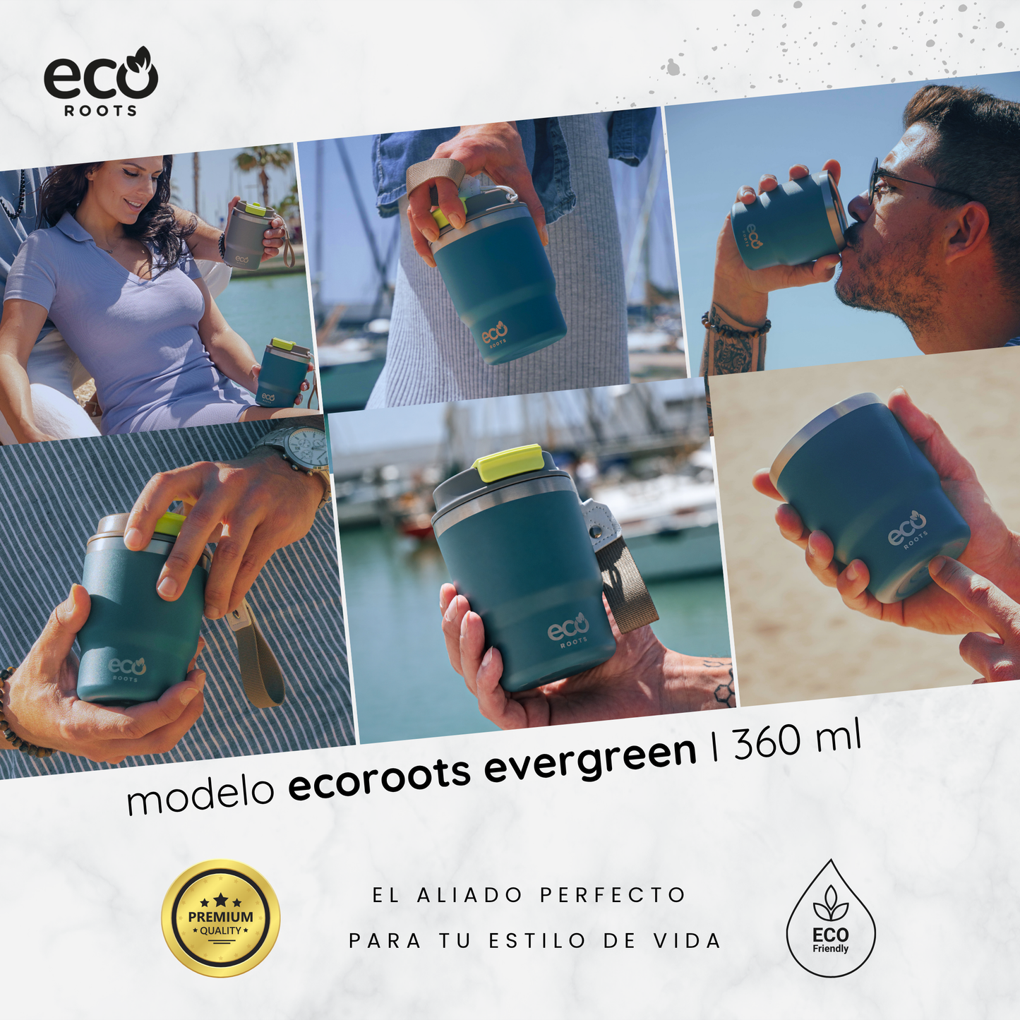 ECOROOTS Evergreen I Termo y vaso térmico 470 ml (Azul Bondi)