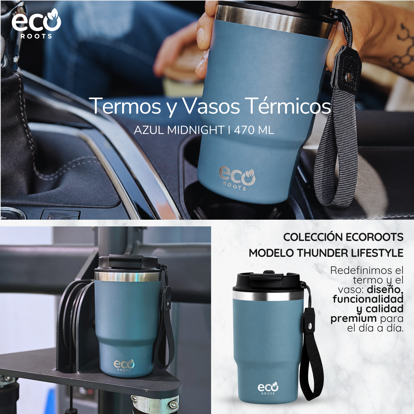 ECOROOTS Thunder I Termo y vaso térmico 470 ml (Azul Midnight)