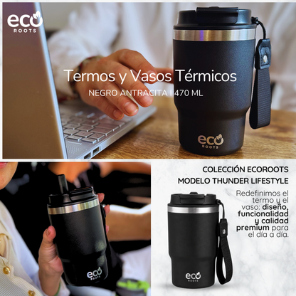 ECOROOTS Thunder I Termo y vaso térmico 470 ml (Negro Antracita)